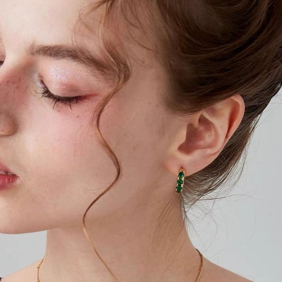 Emerald Huggie Hoop Earrings, Emerald Hoop Earrings, Green Gem Earrings - Picture 8 of 9